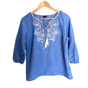 Talbots Blue & White Embroidered Pullover Top Medium